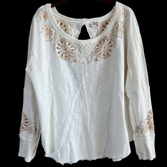 Intimately Free People Top Embroidered Scoop Neck Boho Tan White Size XS - Picture 1 of 7